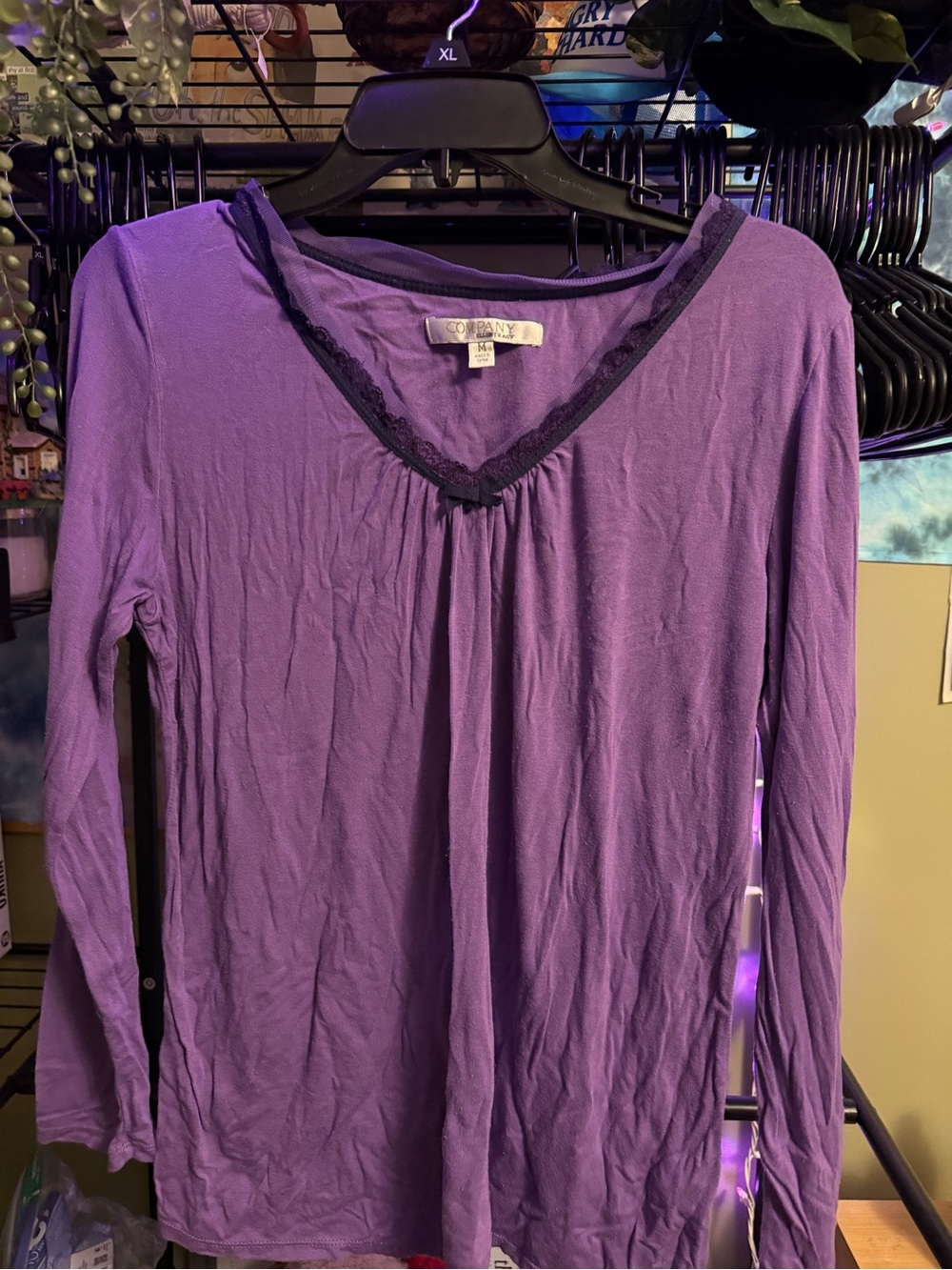 90s Vintage Company by Ellen Tracy Purple Lace Trim Long Sleeve Top